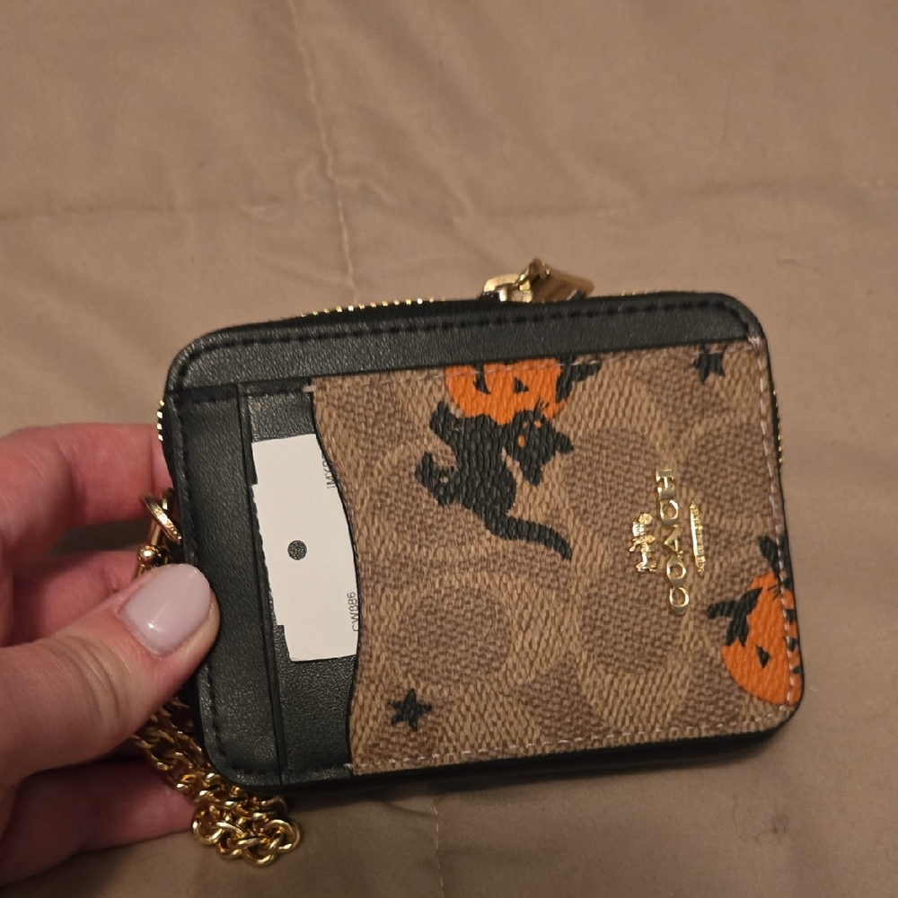 NWT Coach Brown Signature Pumpkin Card Case with Black Trim